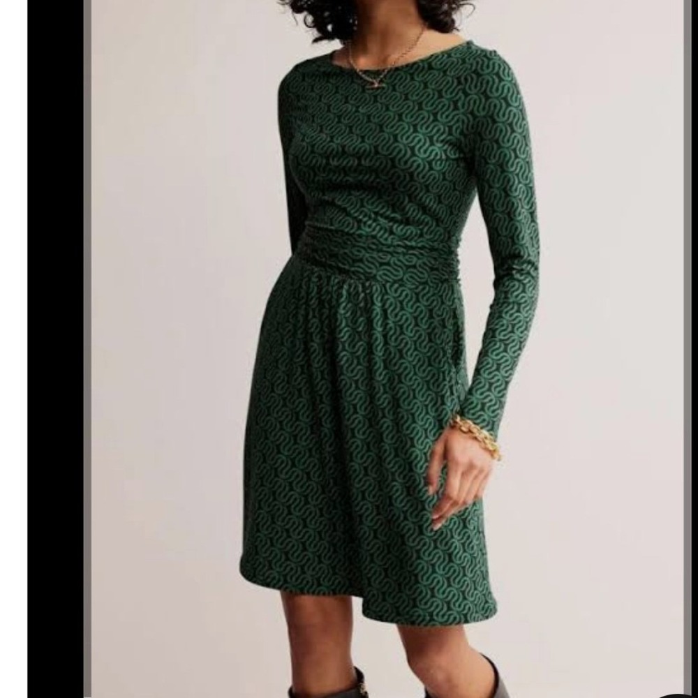 Boden Abigail Green Geometric Swirl Jersey Dress Long Sleeve‎ Pockets US 12P